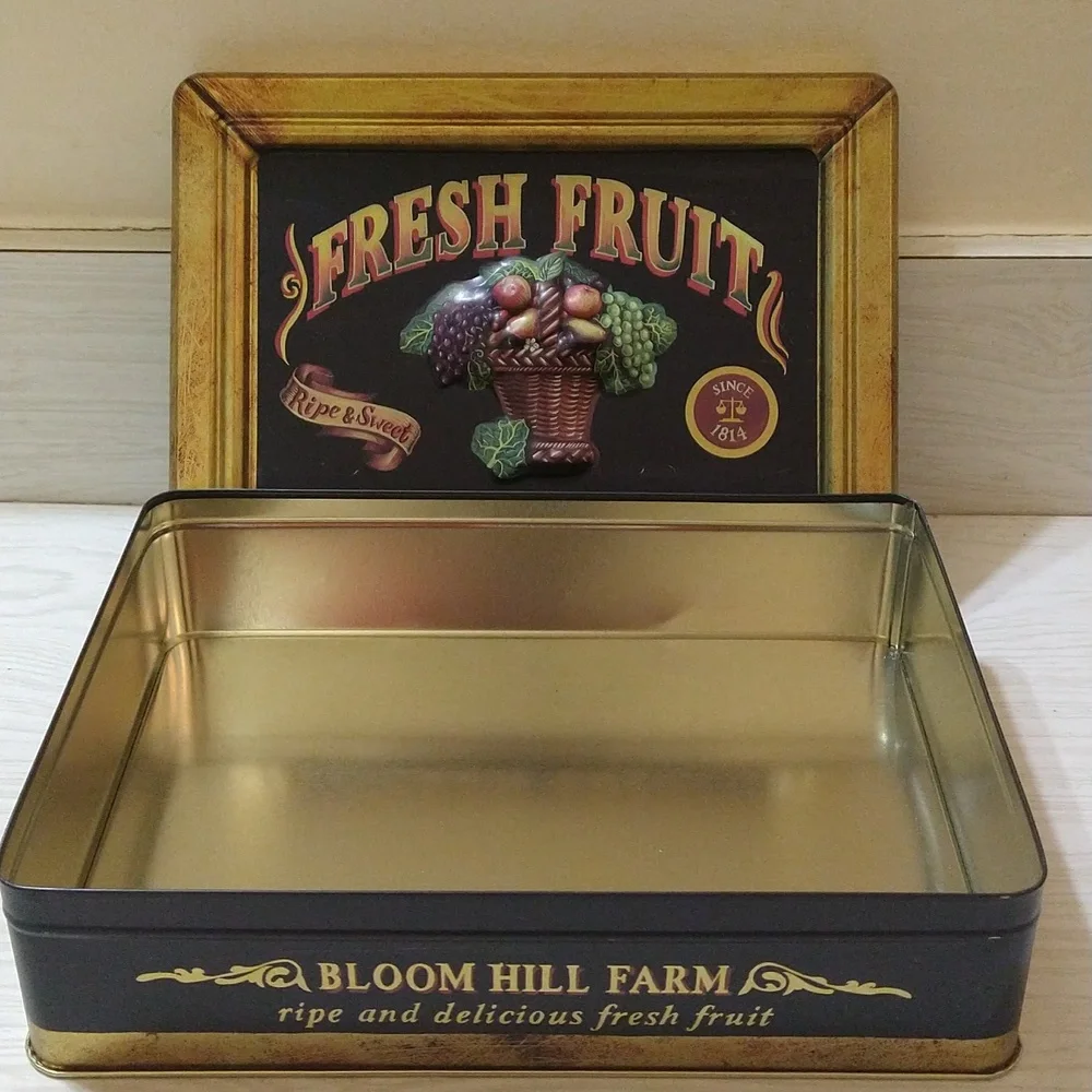 Vintage Collectible Bloom Hill Farm Fruit Empty Tin Rustic 3D Lid 9.75 x 7" - Picture 5 of 5